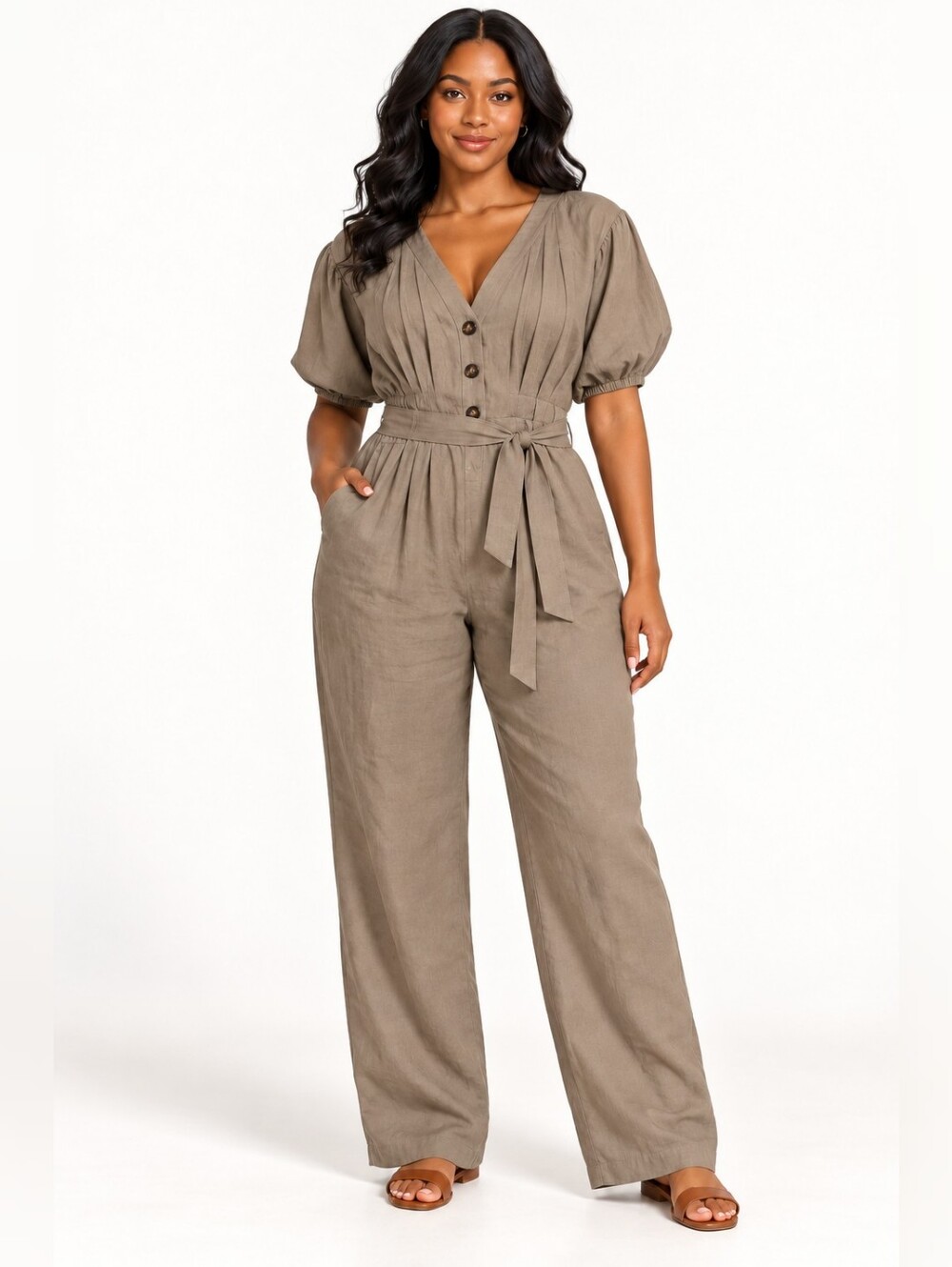 Zara Taupe Linen-Blend Cinched-Waist Jumpsuit